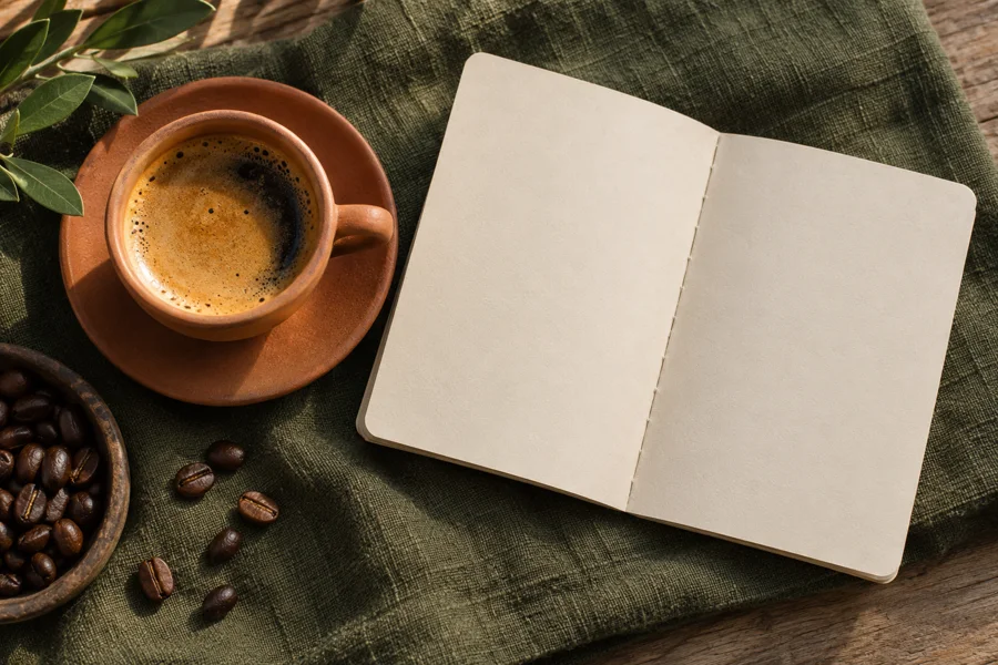 Un espresso y una libreta sobre una tela verde oliva
